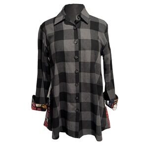 New Shana Plaid Floral Button UP Swing Tunic Size M Black Multi Pockets Collard